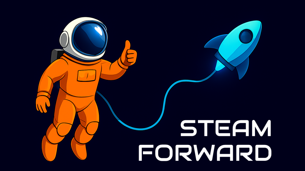 STEAM Forward project logo showing an astronaut in an orange spacesuit next to a small rocket, symbolising exploration and innovation in STEAM education. The project name ‘STEAM Forward’ appears in white on a dark blue background.